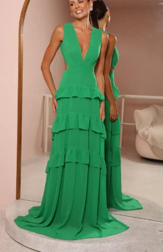 Vibrant Chiffon A-Line Deep V-Neck Sleeveless Open Back Floor-Length Tiered Ruffle Evening Dresses