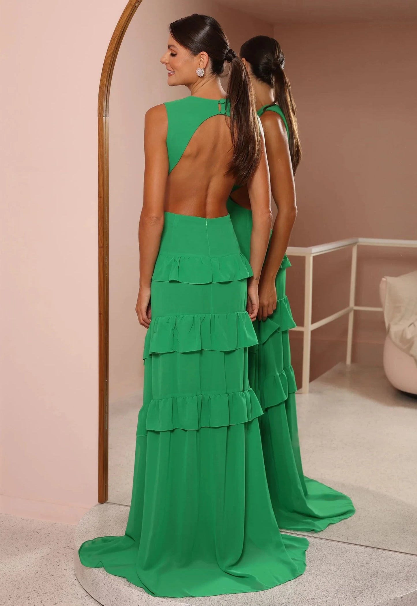 Vibrant Chiffon A-Line Deep V-Neck Sleeveless Open Back Floor-Length Tiered Ruffle Evening Dresses