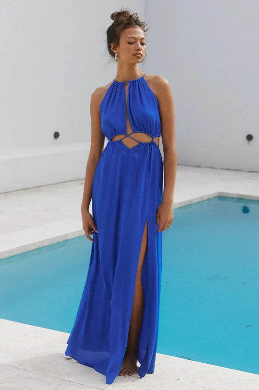 Vibrant Chiffon A-Line Halter Neck Sleeveless Tie-Back Maxi High Slit Evening Dresses