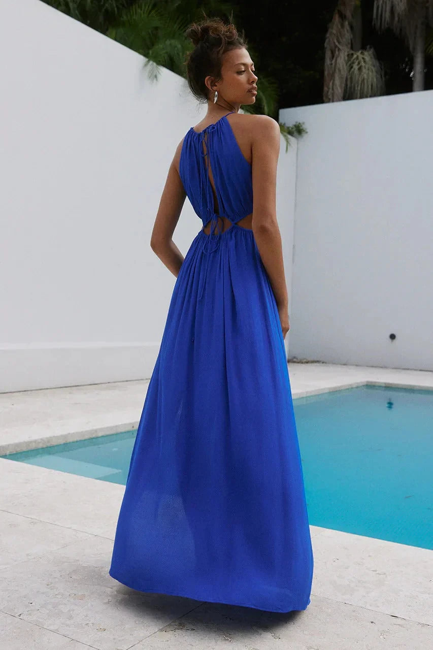 Vibrant Chiffon A-Line Halter Neck Sleeveless Tie-Back Maxi High Slit Evening Dresses