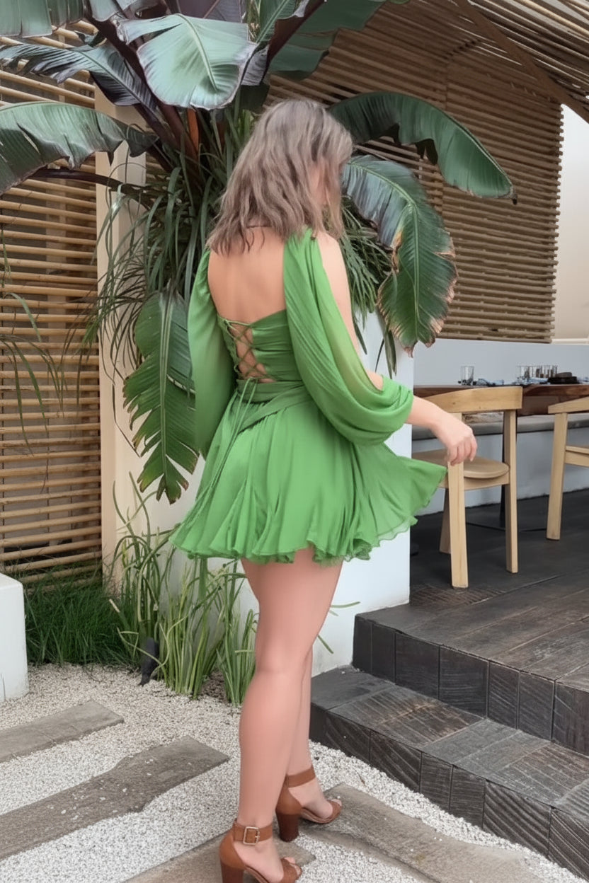 Vibrant Chiffon A-Line V-Neck Draped Long Sleeves Lace-Up Back Mini Homecoming Dresses