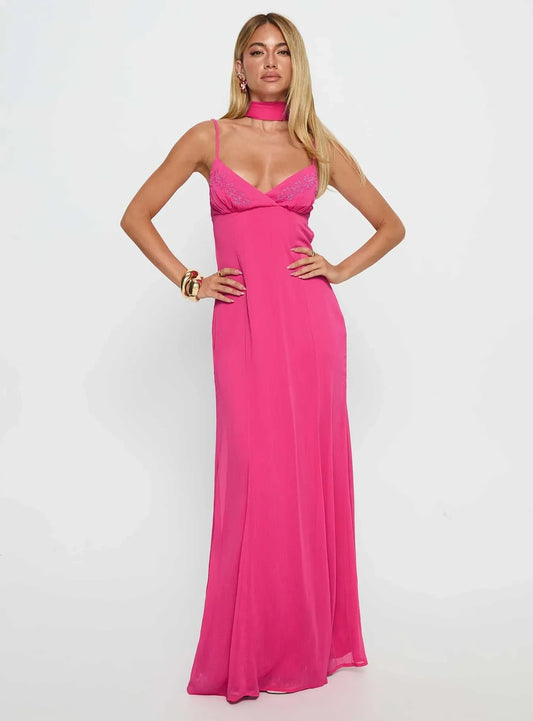 Vibrant Chiffon A-Line V-Neck Spaghetti Strap Open Back Tie Detail Floor-Length Evening Dresses