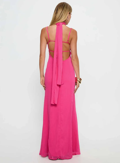 Vibrant Chiffon A-Line V-Neck Spaghetti Strap Open Back Tie Detail Floor-Length Evening Dresses