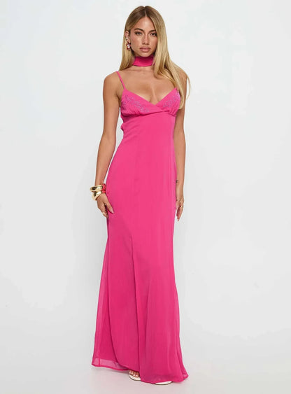 Vibrant Chiffon A-Line V-Neck Spaghetti Strap Open Back Tie Detail Floor-Length Evening Dresses