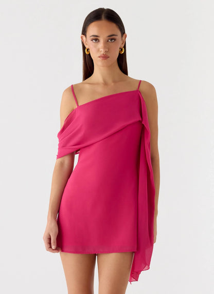Vibrant Chiffon Sheath Asymmetrical One Shoulder Draped Sleeve Asymmetrical Strappy Back Mini Length Homecoming Dresses