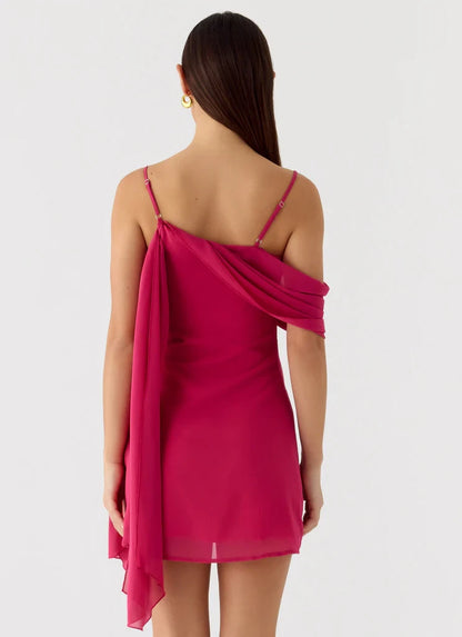 Vibrant Chiffon Sheath Asymmetrical One Shoulder Draped Sleeve Asymmetrical Strappy Back Mini Length Homecoming Dresses