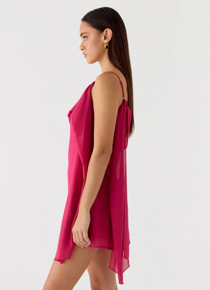 Vibrant Chiffon Sheath Asymmetrical One Shoulder Draped Sleeve Asymmetrical Strappy Back Mini Length Homecoming Dresses