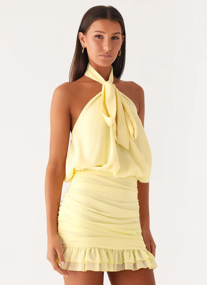 Vibrant Chiffon Sheath Halter Neck Sleeveless Open Back Ruched Mini Homecoming Dresses