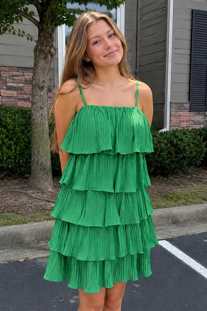 Vibrant Pleated A-line Square Neck Spaghetti Strap Lace-up Back Mini Tiered Ruffle Homecoming Dresses