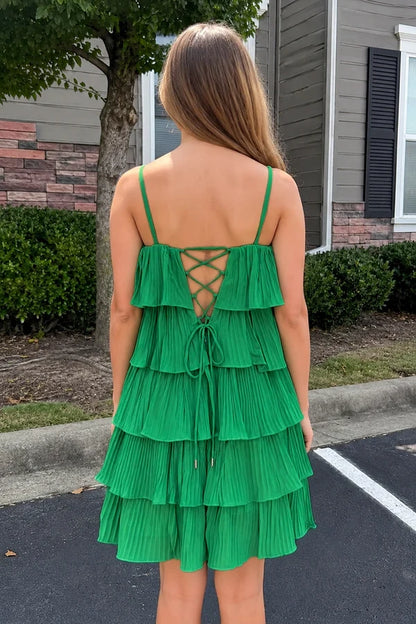 Vibrant Pleated A-line Square Neck Spaghetti Strap Lace-up Back Mini Tiered Ruffle Homecoming Dresses