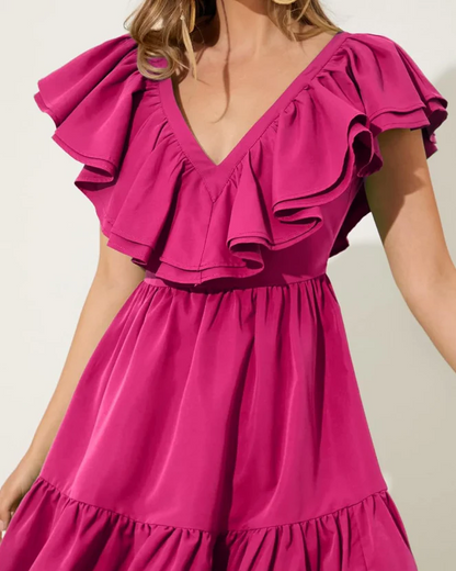 Vibrant Ruffled A-Line V-Neck Cap Sleeve V-Back Tiered Mini Homecoming Dresses for Teens