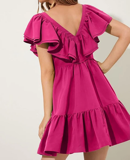 Vibrant Ruffled A-Line V-Neck Cap Sleeve V-Back Tiered Mini Homecoming Dresses for Teens