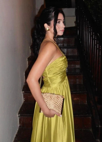 Vibrant Satin A-Line Deep V-Neck Spaghetti Straps Bow Back Floor-Length Prom Dresses