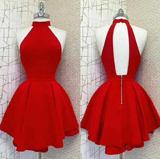 Vibrant Satin A-Line Halter Neck Sleeveless Open Back Short Homecoming Dresses