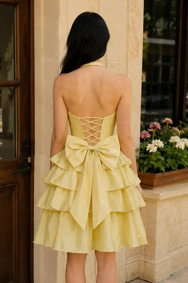 Vibrant Satin A-Line Halter Sleeveless Lace-Up Short Ruffled Bow Homecoming Dresses