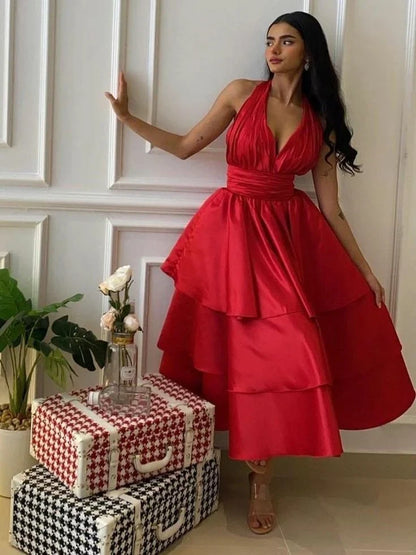 Vibrant Satin A-Line Halter V-Neck Sleeveless Open Back Midi Tiered Evening Dresses