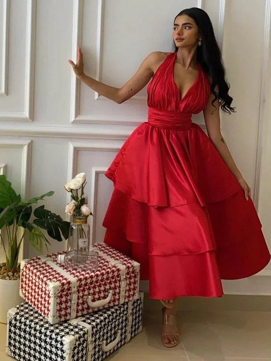Vibrant Satin A-Line Halter V-Neck Sleeveless Open Back Midi Tiered Evening Dresses