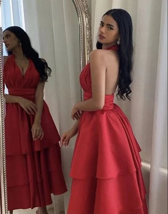 Vibrant Satin A-Line Halter V-Neck Sleeveless Open Back Midi Tiered Evening Dresses