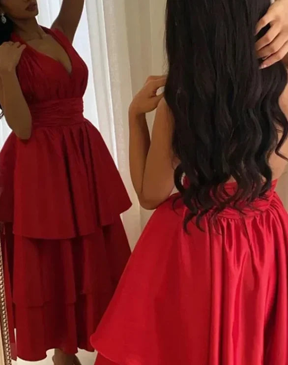 Vibrant Satin A-Line Halter V-Neck Sleeveless Open Back Midi Tiered Evening Dresses