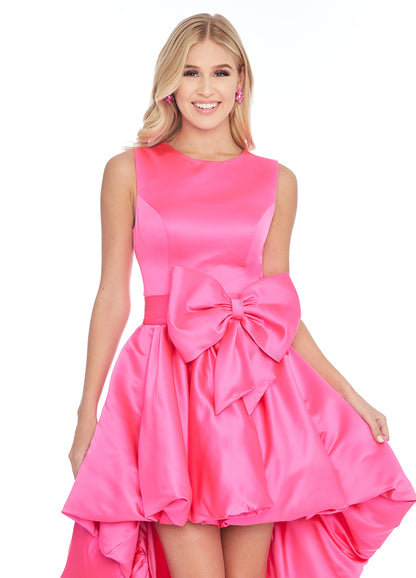 Vibrant Satin A-Line Jewel Neck Sleeveless Scoop Back High-Low Evening Dresses with Bow Detail