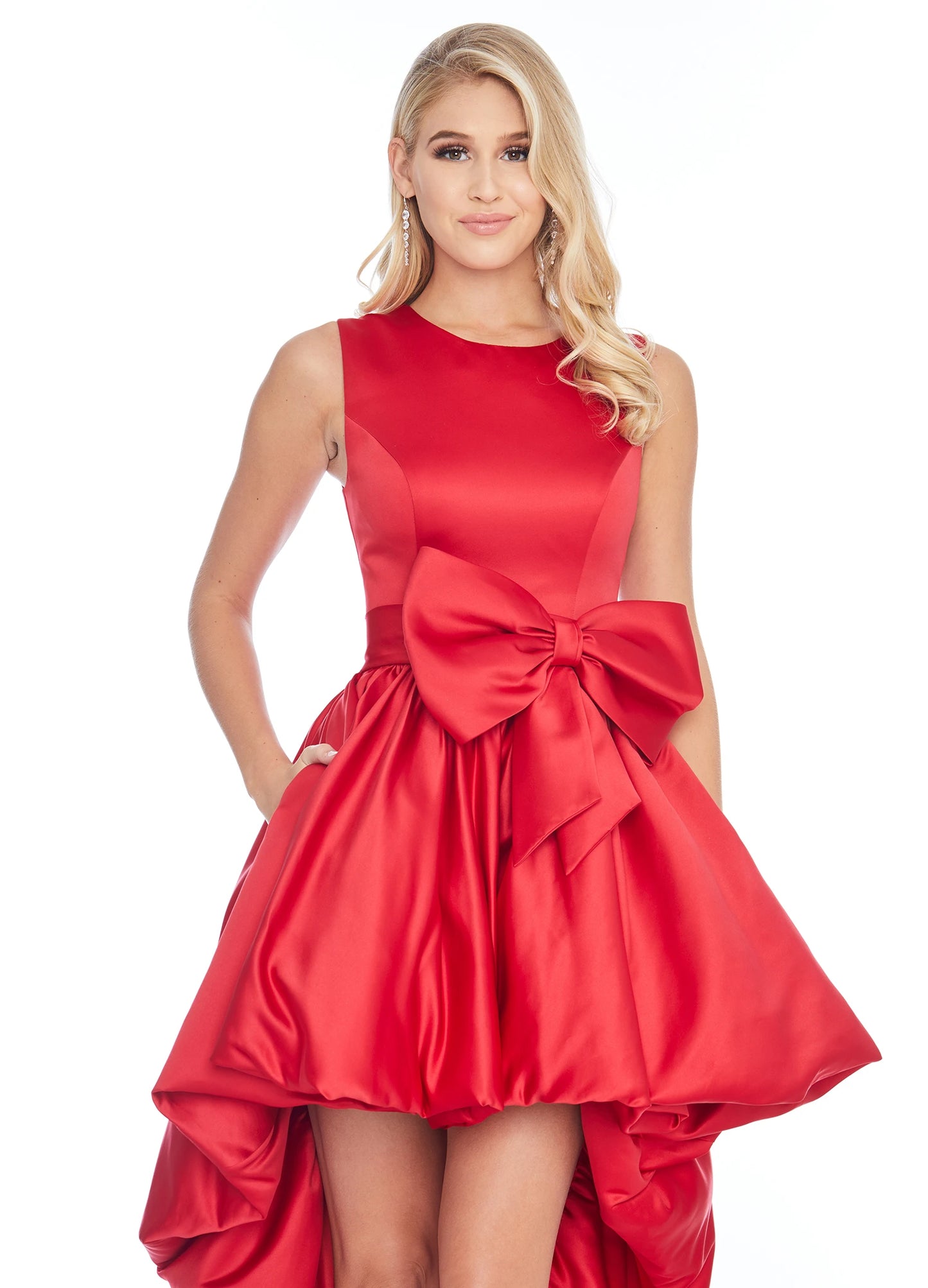 Vibrant Satin A-Line Jewel Neck Sleeveless Scoop Back High-Low Evening Dresses with Bow Detail