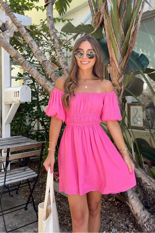 Vibrant Satin A-Line Off-Shoulder Puff Sleeve Shirred Back Mini Homecoming Dresses