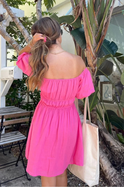 Vibrant Satin A-Line Off-Shoulder Puff Sleeve Shirred Back Mini Homecoming Dresses