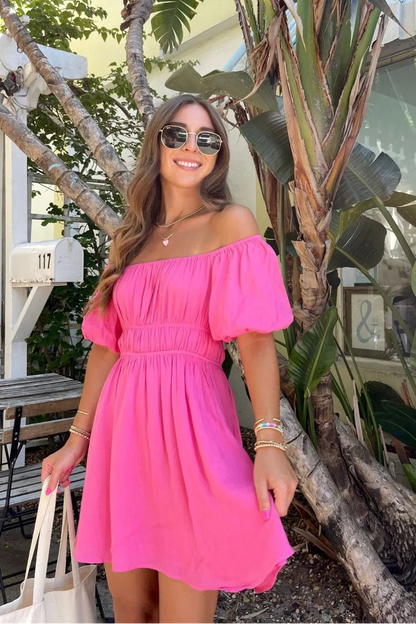 Vibrant Satin A-Line Off-Shoulder Puff Sleeve Shirred Back Mini Homecoming Dresses