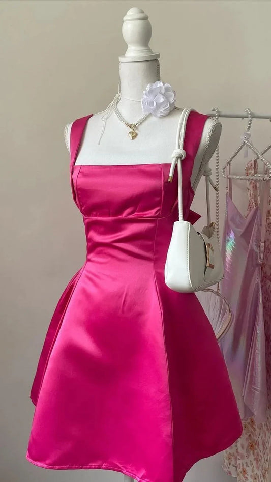 Vibrant Satin A-Line Square Neck Sleeveless Bow Tie Open Back Mini Homecoming Dresses