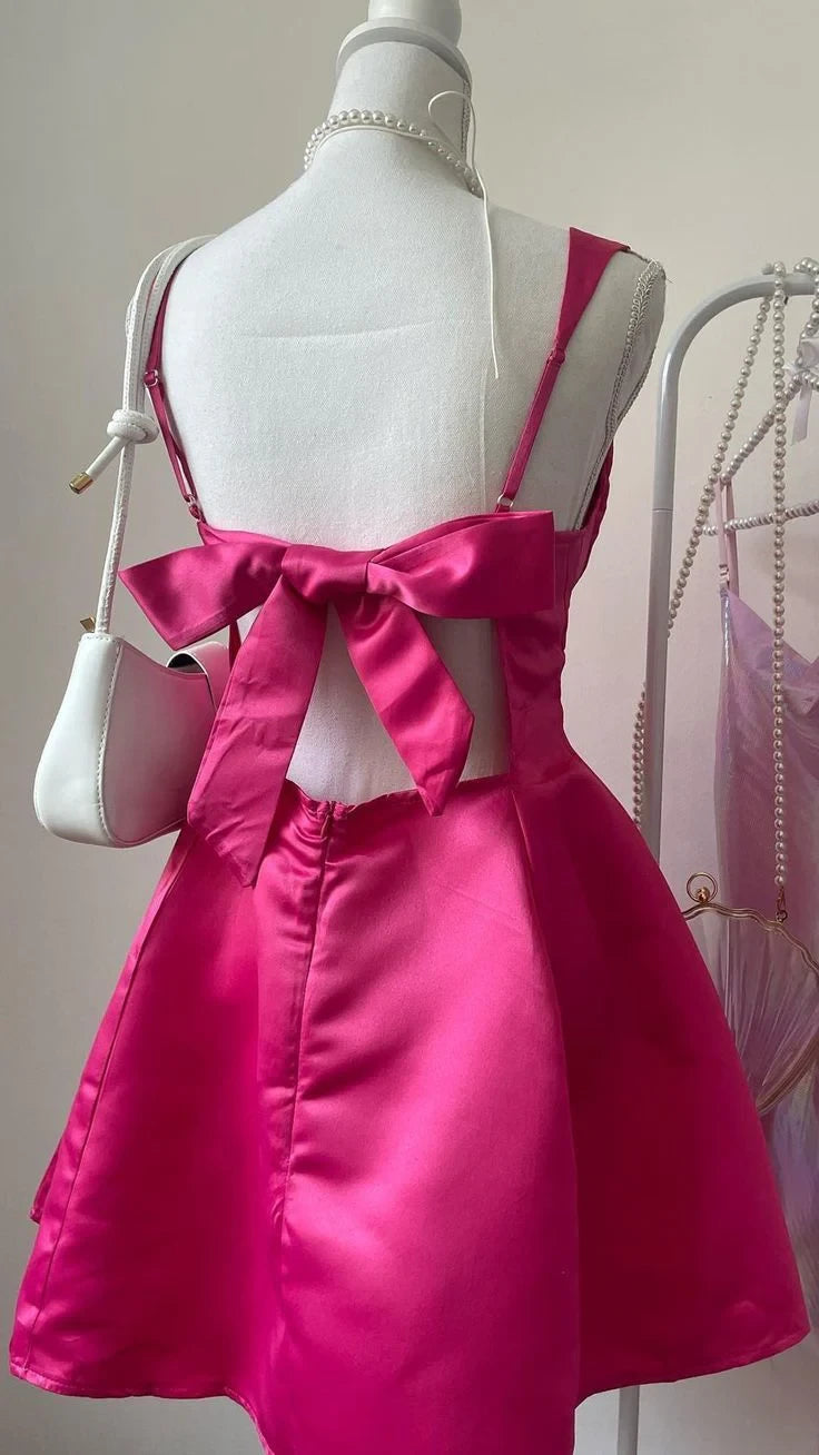 Vibrant Satin A-Line Square Neck Sleeveless Bow Tie Open Back Mini Homecoming Dresses