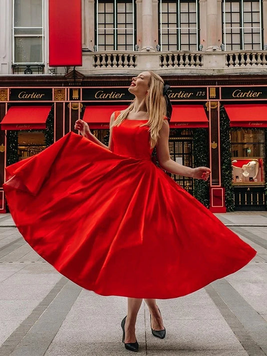 Vibrant Satin A-Line Square Neck Sleeveless Low Back Bow Midi Homecoming Dresses