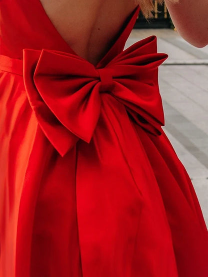 Vibrant Satin A-Line Square Neck Sleeveless Low Back Bow Midi Homecoming Dresses
