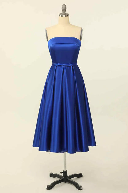 Vibrant Satin A-Line Strapless Sleeveless Lace-Up Back Tea-Length Homecoming Dresses