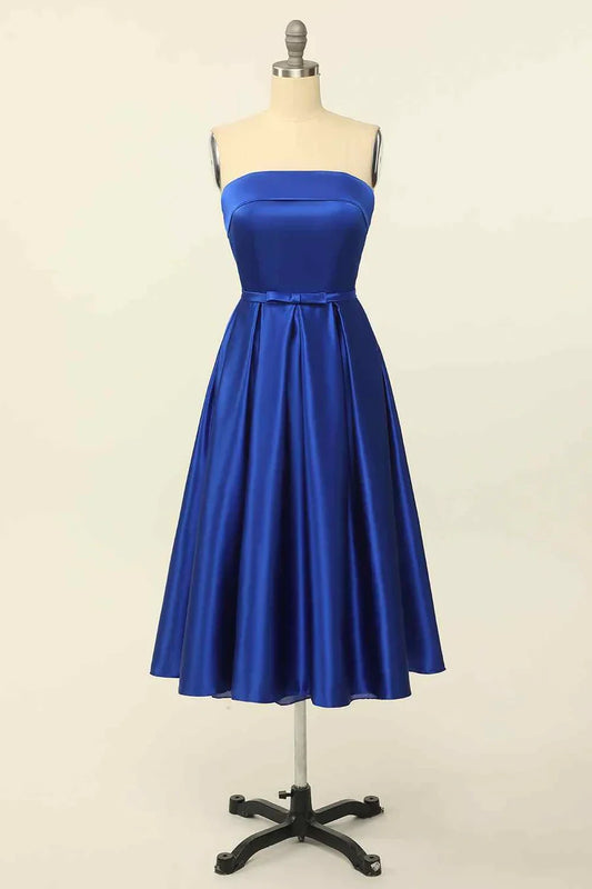 Elegant Satin A-Line Strapless Lace-Up Royal Blue Tea-Length Homecoming Dress