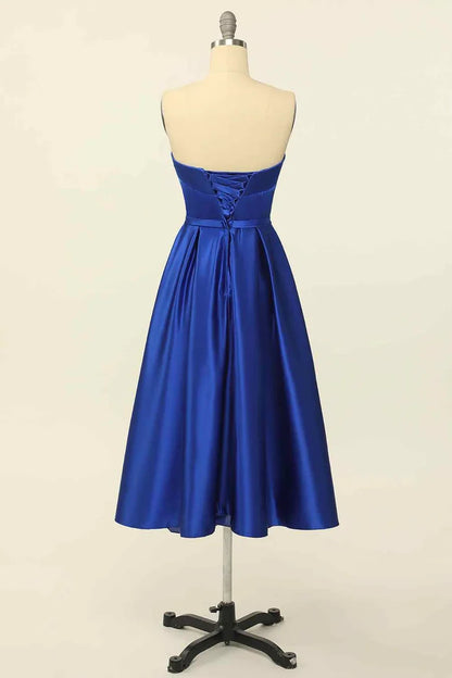 Vibrant Satin A-Line Strapless Sleeveless Lace-Up Back Tea-Length Homecoming Dresses
