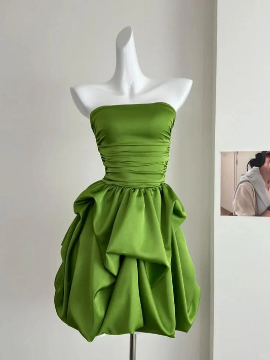 Vibrant Satin A-Line Strapless Sleeveless Ruched Back Short Homecoming Dresses