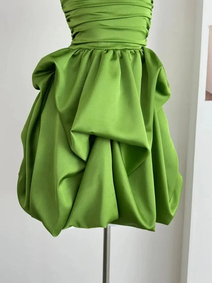 Vibrant Satin A-Line Strapless Sleeveless Ruched Back Short Homecoming Dresses