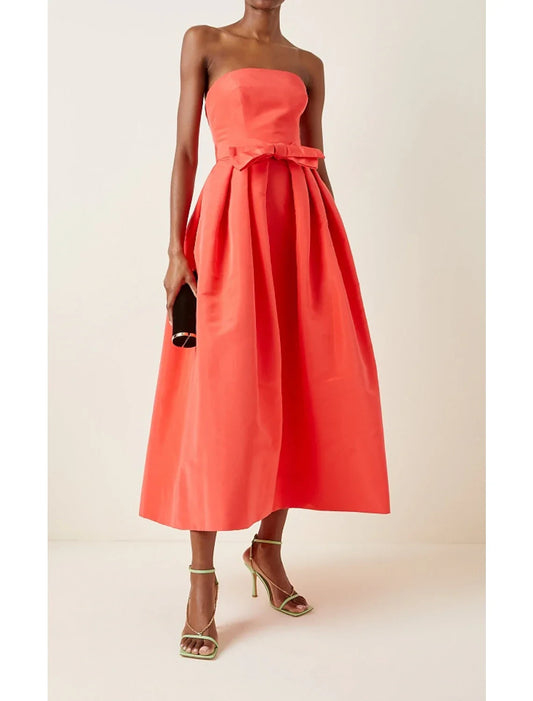 Vibrant Satin A-Line Strapless Bow Accent Midi Homecoming Dress Coral Red