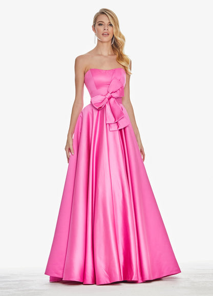 Vibrant Satin A-Line Strapless Sweetheart Sleeveless Open Back Floor-Length Evening Dresses with Bow Detail