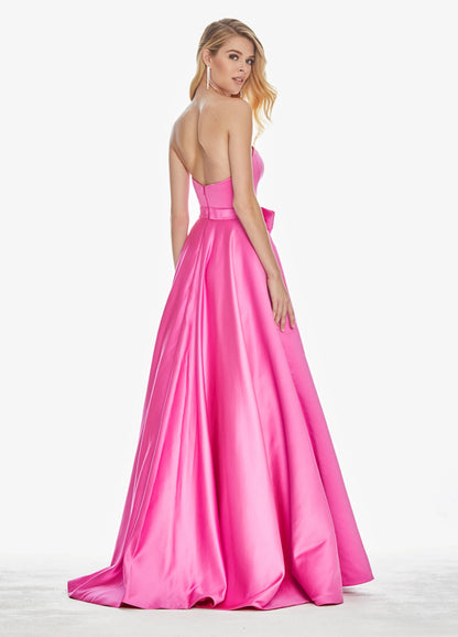 Vibrant Satin A-Line Strapless Sweetheart Sleeveless Open Back Floor-Length Evening Dresses with Bow Detail