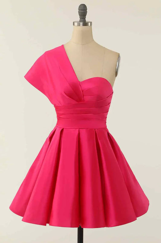 Vibrant Hot Pink Satin A-Line Sweetheart One-Shoulder Short Homecoming Dress