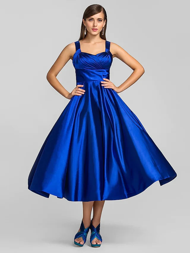 Vibrant Satin A-Line Sweetheart Sleeveless V-Back Midi-Length Prom Dresses