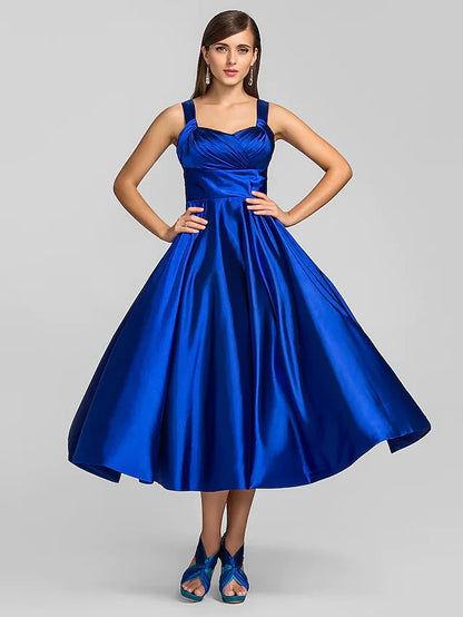 Vibrant Satin A-Line Sweetheart Sleeveless V-Back Midi-Length Prom Dresses