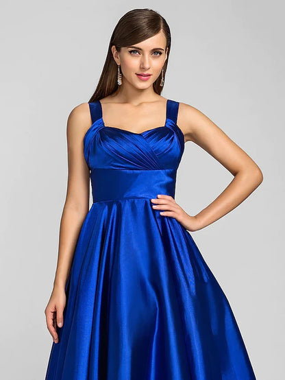 Vibrant Satin A-Line Sweetheart Sleeveless V-Back Midi-Length Prom Dresses