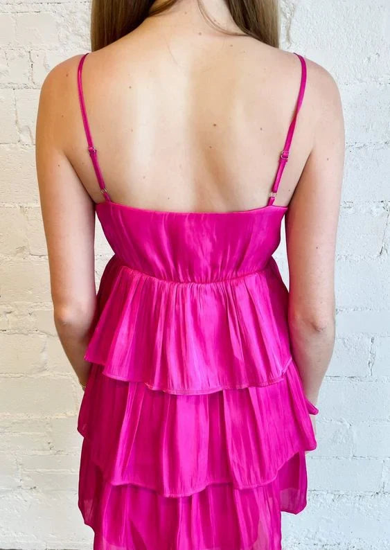 Vibrant Satin A-Line V-Neck Sleeveless Open Back Mini Tiered Homecoming Dresses