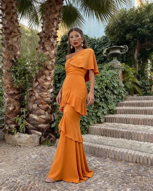 Vibrant Satin Mermaid One-Shoulder Short Sleeve Closed Back Floor-Length Ruffled Evening Dresses
