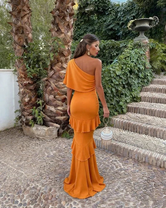 Vibrant Satin Mermaid One-Shoulder Short Sleeve Closed Back Floor-Length Ruffled Evening Dresses