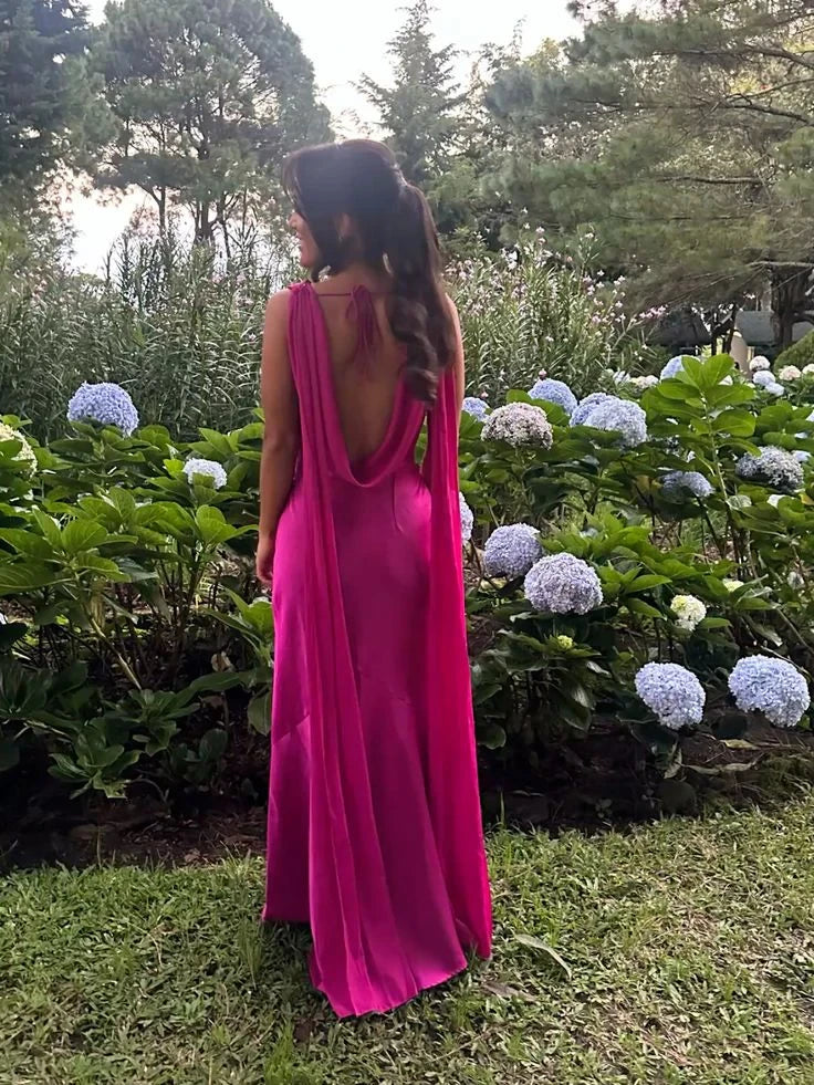 Vibrant Satin Sheath Cowl Neck Sleeveless Draped Open Back Floor Length Prom Dresses
