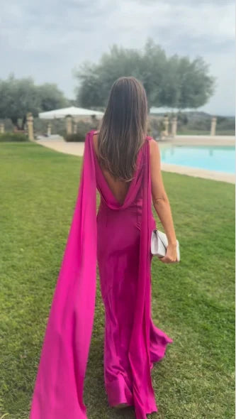 Vibrant Satin Sheath Cowl Neck Sleeveless Draped Open Back Floor Length Prom Dresses
