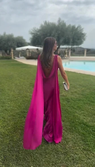 Vibrant Satin Sheath Cowl Neck Sleeveless Draped Open Back Floor Length Prom Dresses
